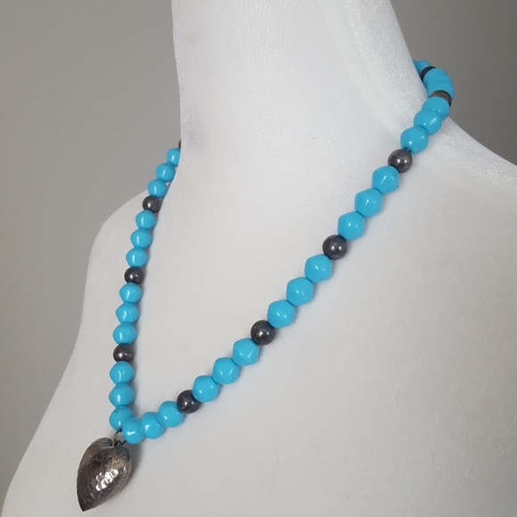 Alabaster Blue Bead and Silver Heart Pendant - Picture 2 of 4